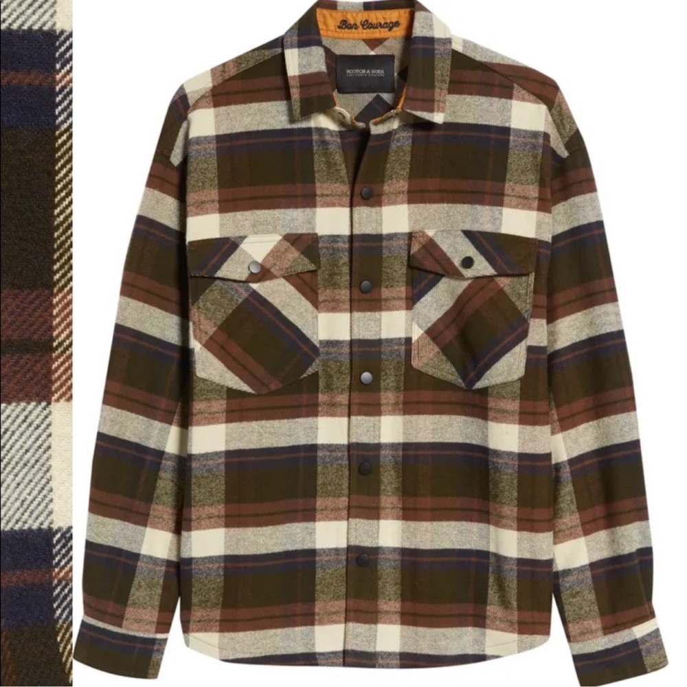 Scotch & Soda Brushed flannel snap- up shirt brown plaid Mens Amsterdam Couture
